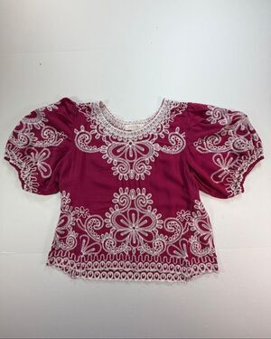 Solitaire Women Size L Burgundy Embroidered Boho Blouse Puff Sleeve Rayon Top